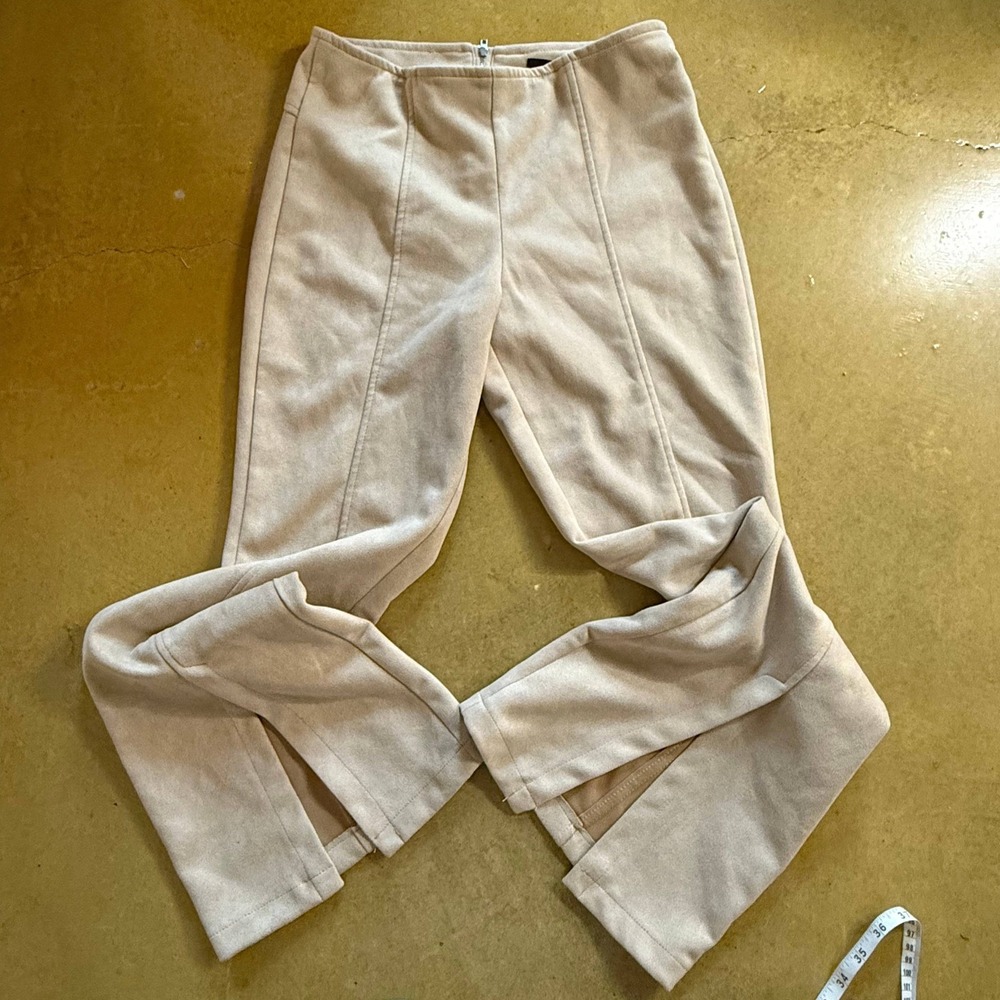 Faux Suede Mid Rise back‎ zipper Split Hem Flare Pants M